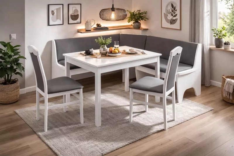 Moderne Eckbankgruppe in Weiß/Grau mit Stauraum & ausziehbarem Esstisch – 4-teilig