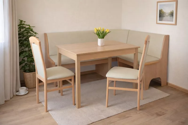Moderne Eckbankgruppe 165x125 cm Buche mit Stauraum, 2 Stühle & Ausziehtisch, Creme