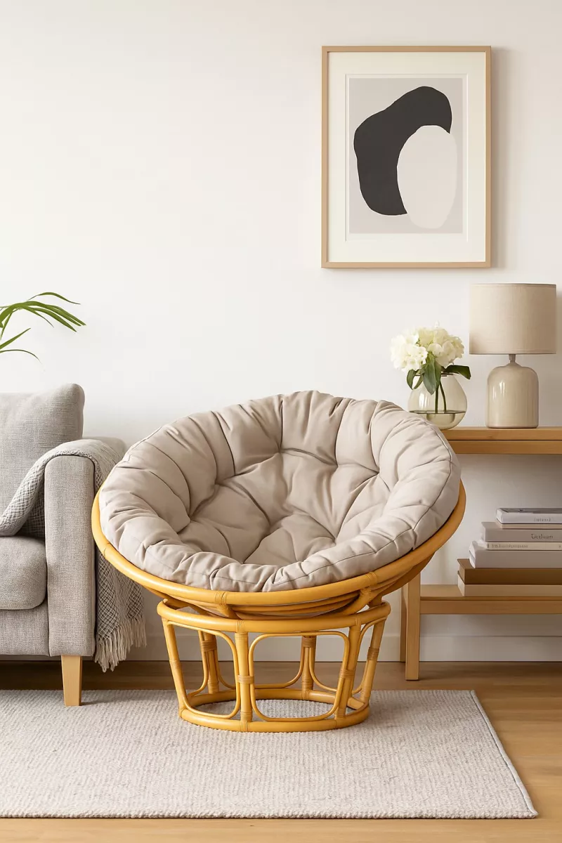 Handgefertigter Papasan Rattansessel mit Kissen – Ø 80/100/110 cm – Beige