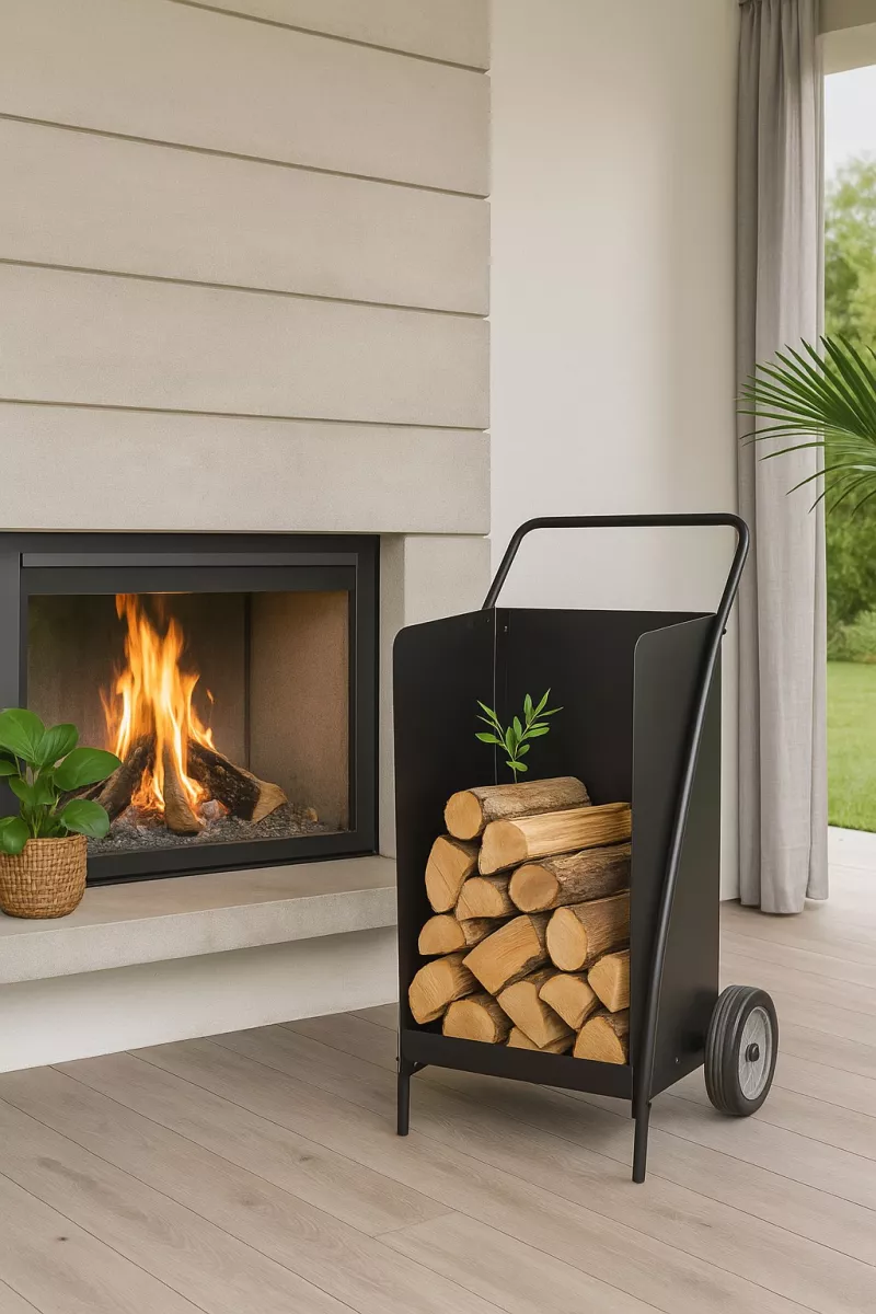 Kaminholzwagen aus Metall – Schwarz pulverbeschichtet, rollbar mit Griff