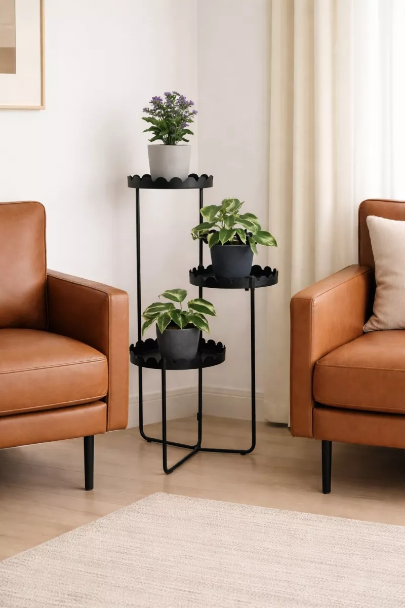 Blumenständer aus Metall in Schwarz – klappbar, 3 Ablagen, Höhe 70 cm