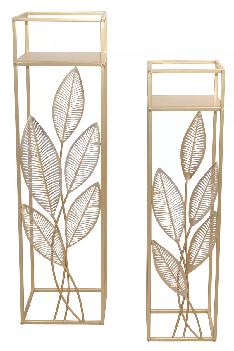 2tlg. Blumenständer-Set aus Metall, mit Blattmotiven, gold