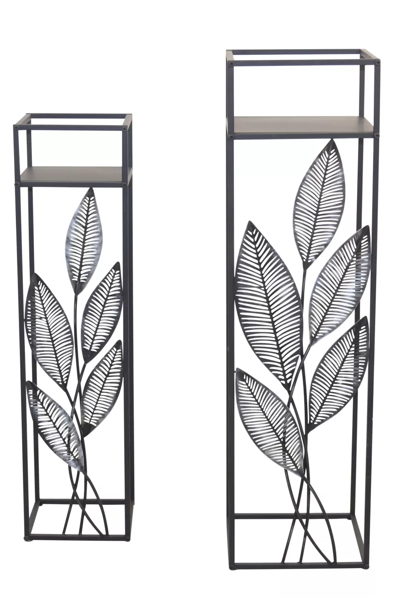 2tlg. Blumenständer-Set aus Metall, mit Blattmotiven, schwarz