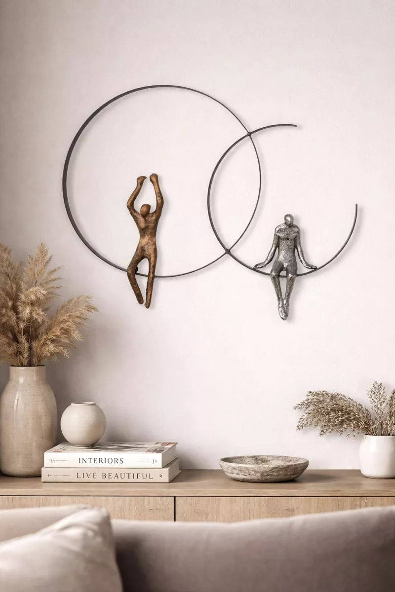 Design Wanddeko aus Metall mit Figuren in Bronze & Silber – Moderne Wandskulptur 50x37 cm