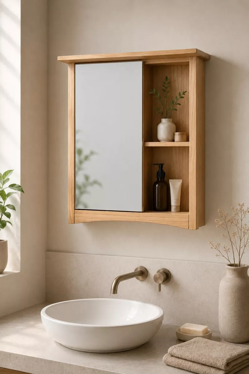 Spiegel-Hängeschrank in Naturfarbe – Badschrank mit Spiegeltür & Ablagefach