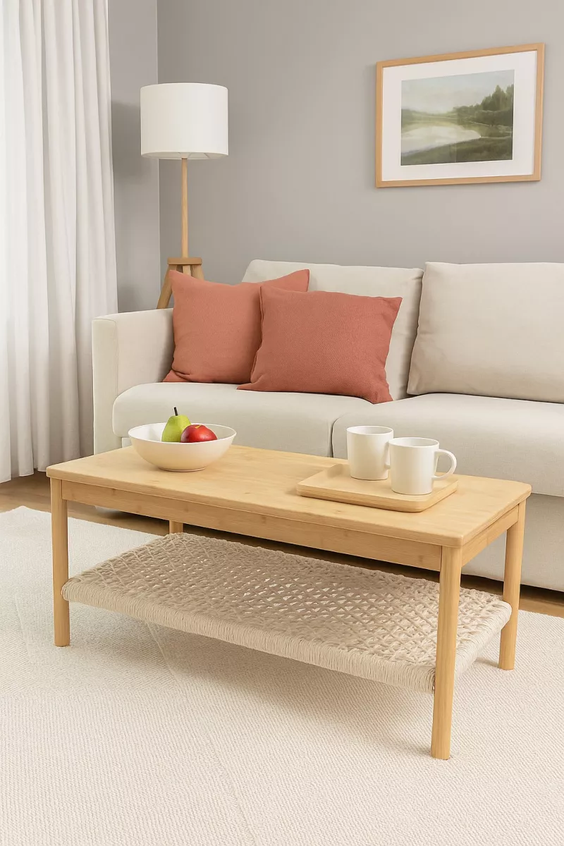 Couchtisch aus Bambus 100x50 cm mit Ablage – Moderner Wohnzimmertisch in Naturfarbe