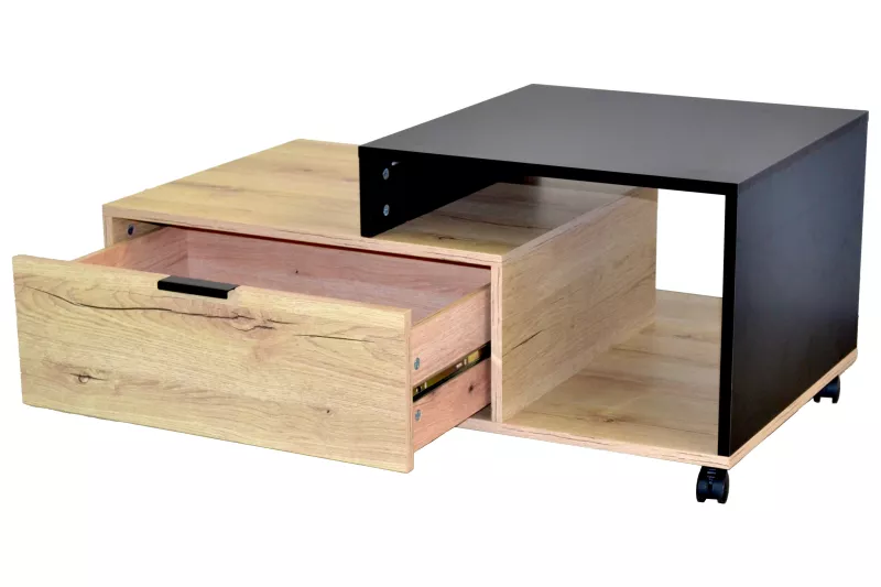 Moderner Couchtisch mit Schublade, fahrbar, Eiche Schwarz
