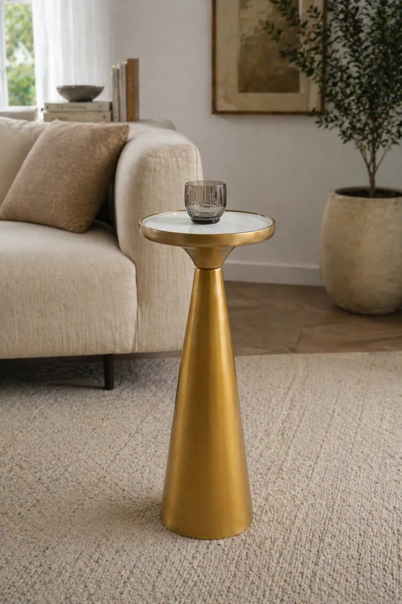 Eleganter Beistelltisch in Antik-Gold 67 cm hoch – Moderner Metalltisch mit Spiegelglas, Ø30 cm 