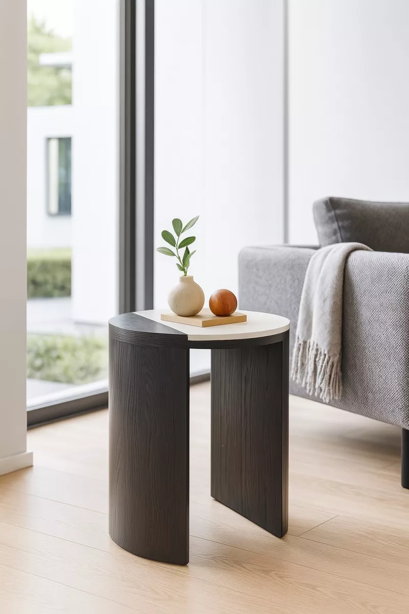 Design Beistelltisch in Schwarz mit Marmorplatte – moderner runder Sofatisch