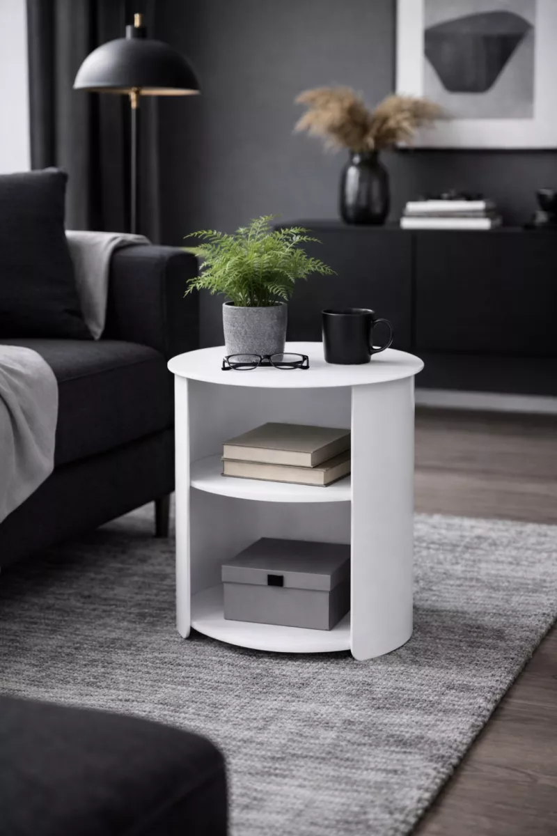 Runder Beistelltisch aus Metall, weiß pulverbeschichtet, mit 2 Ablagen, Ø38 cm