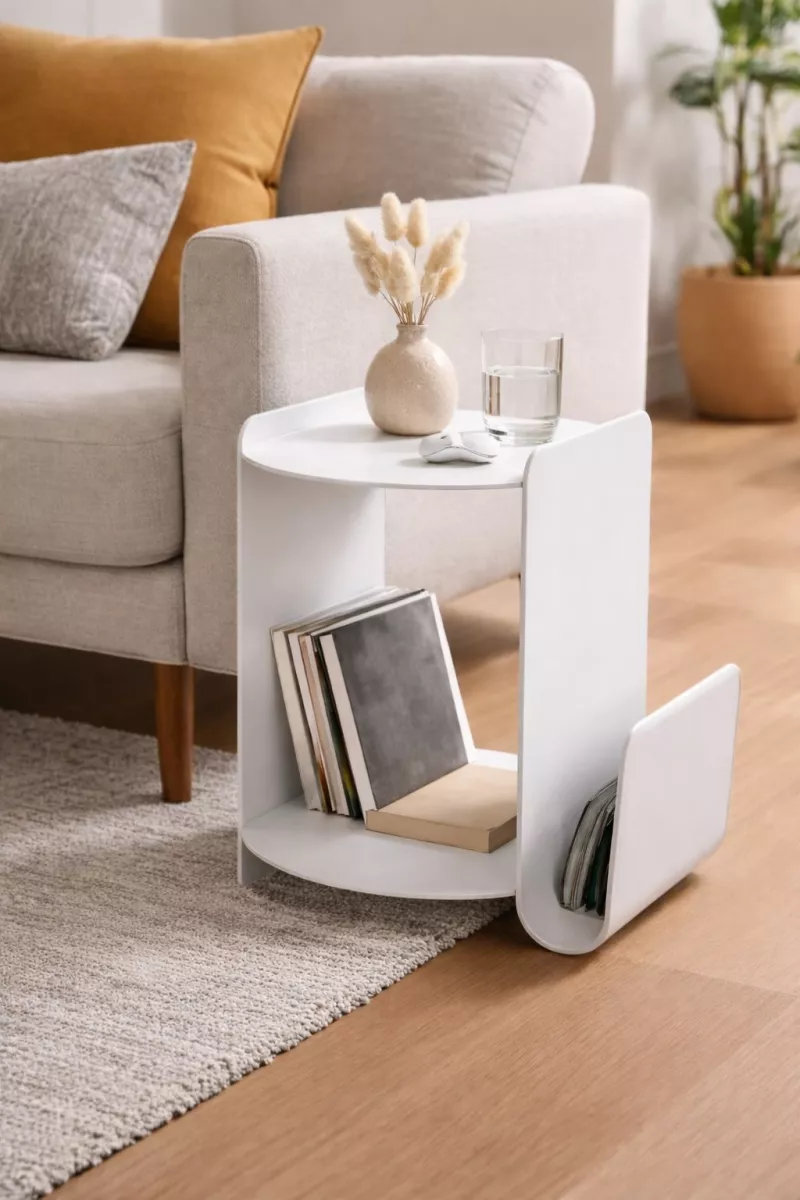Moderner Beistelltisch aus Metall in Weiß mit Zeitschriftenablage und 2 Ablagen