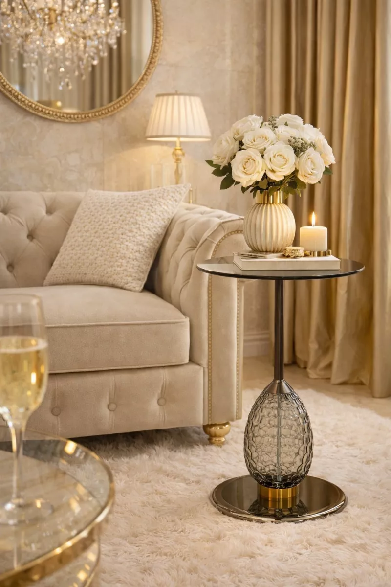 Design Beistelltisch rund Ø 45 cm – Glas & Metall in Schwarz/Titanium-Chrom mit Goldring