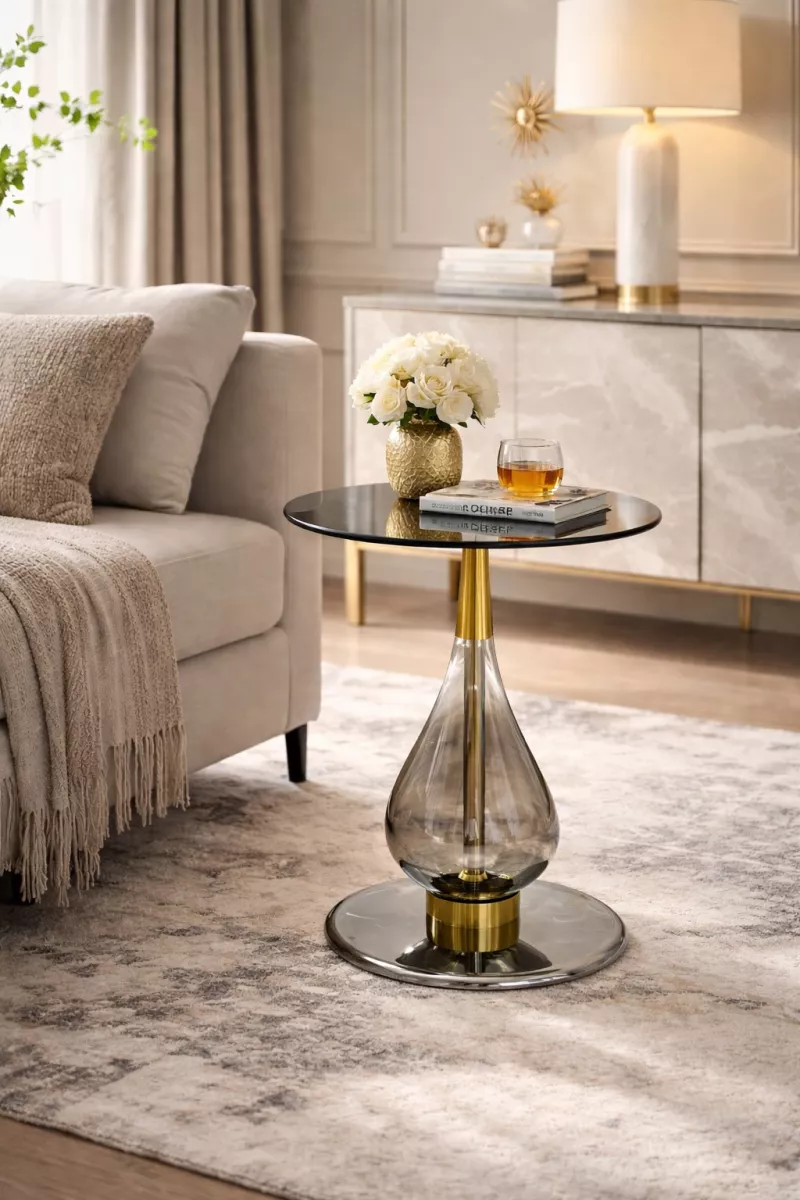 Glamour Beistelltisch rund Ø45 cm – Schwarz/Titanium-Chrom mit Goldring & Grauglas