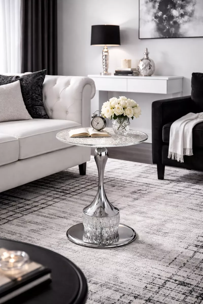 Eleganter Beistelltisch rund 51 cm hoch – Glasplatte Strukturglas & Gestell in Chromoptik