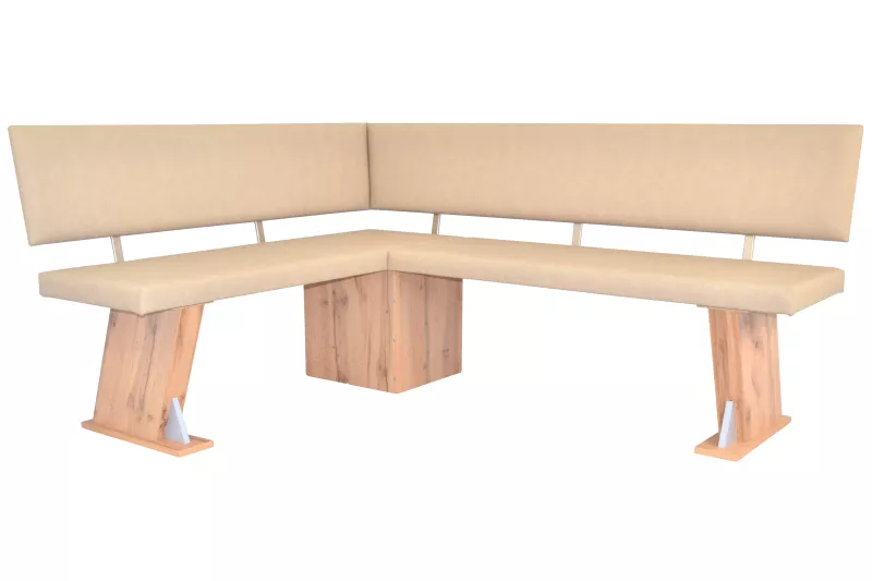 Moderne Eckbank, Eiche-Dekor, Kunstleder beige, Schenkelposition wählbar