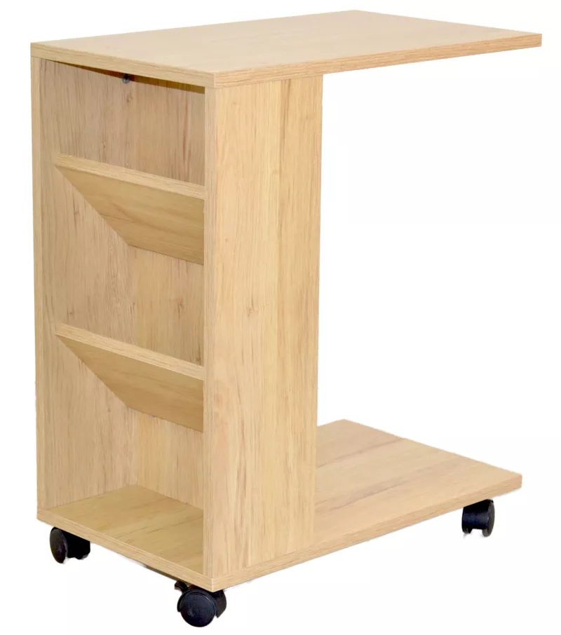 Rollregal mit Tischfunktion, Beistelltisch in C-Form, Eiche Dekor