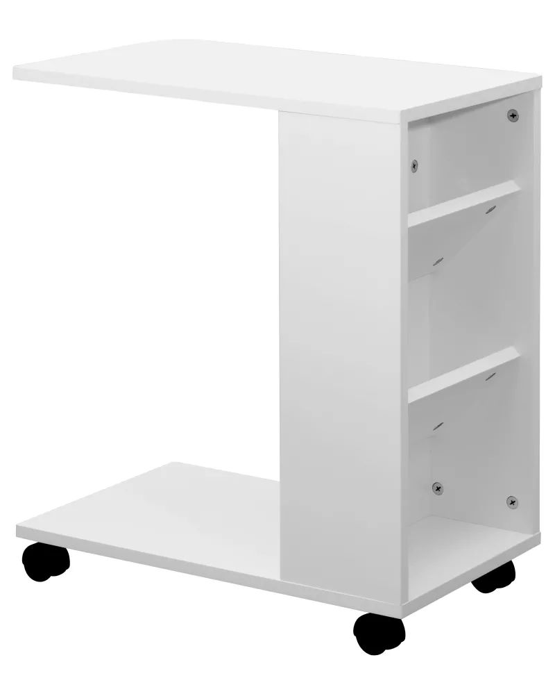 Rollregal mit Tischfunktion, Beistelltisch in C-Form, weiß
