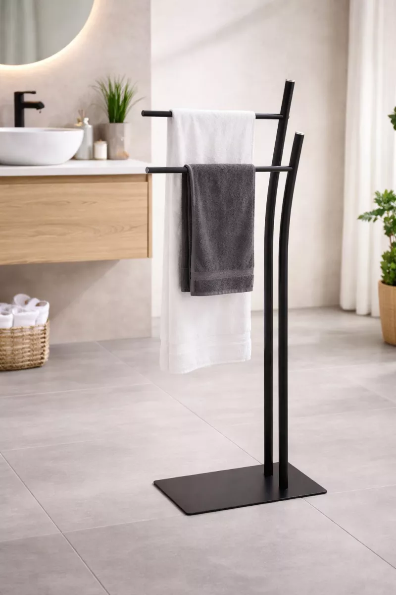 Moderner freistehender Handtuchhalter aus Metall, matt Schwarz, 2 Stangen