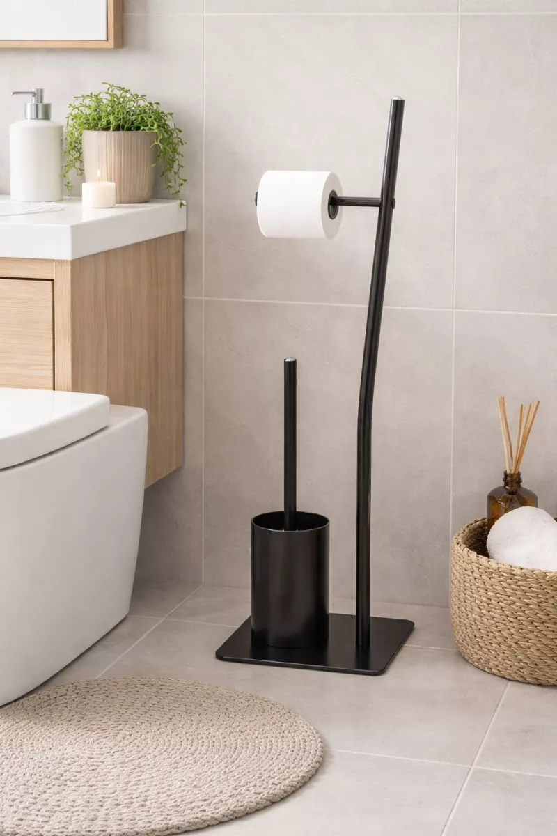 Design WC-Garnitur aus Metall in Schwarz Matt – mit integriertem Rollen- & Bürstenhalter