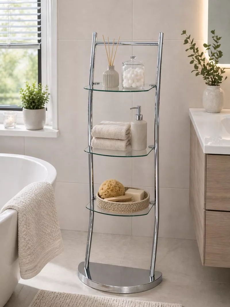 Badregal Chrom mit Glasböden – Modernes, schmales Standregal für Badezimmer