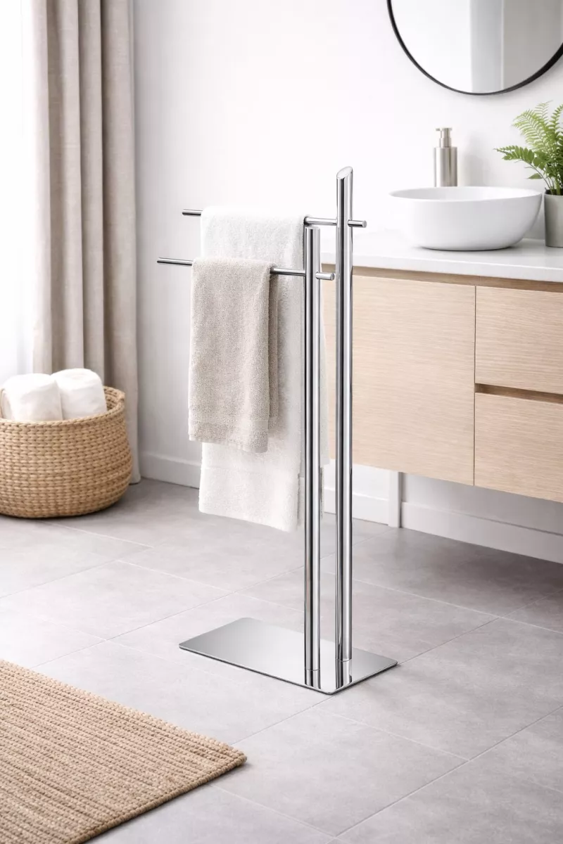 Moderner Handtuchständer 91 cm – freistehend, 2 Handtuchhalter, stabile Bodenplatte, Chrom