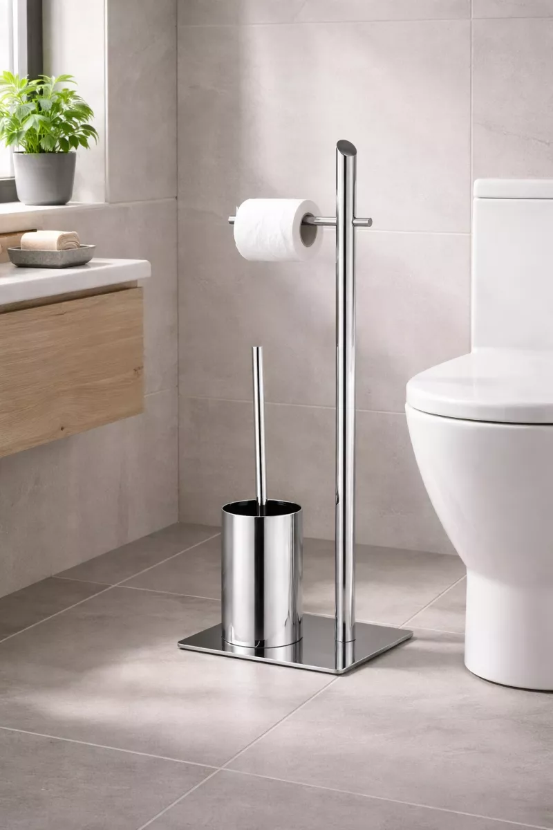 Elegante WC-Garnitur Chromfarben – Toilettenpapierhalter & Bürstenhalter freistehend