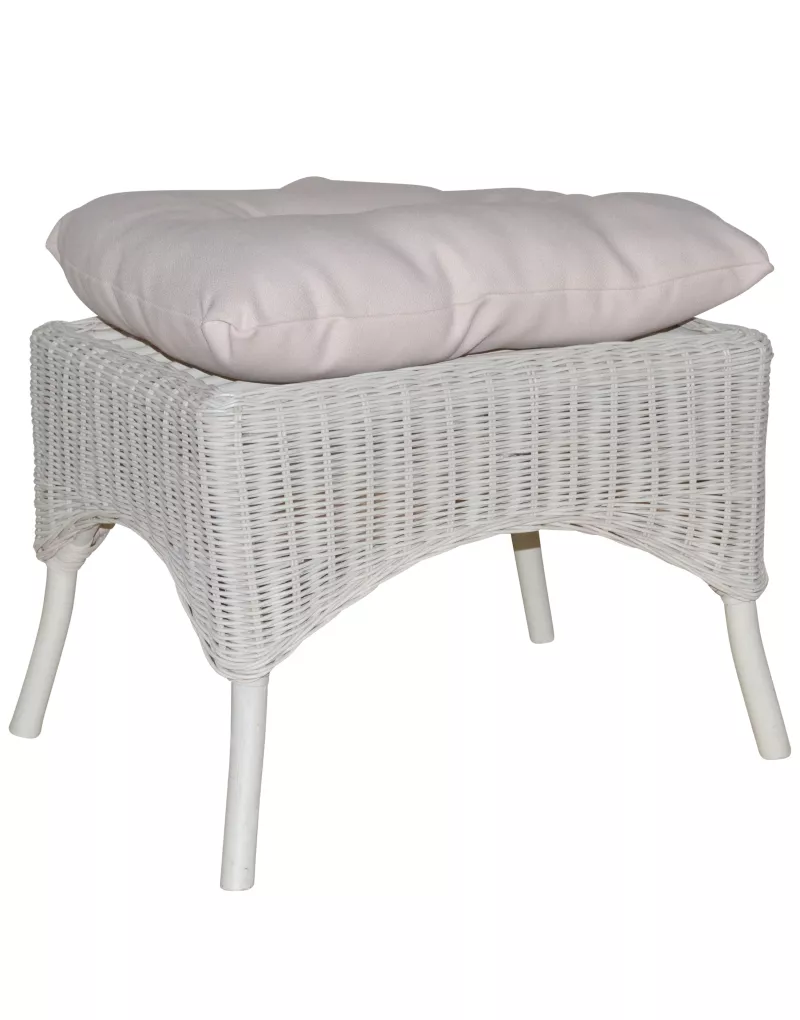 Rattanhocker, Fußhocker, handgeflochten, mit Kissenauflage, altweiß