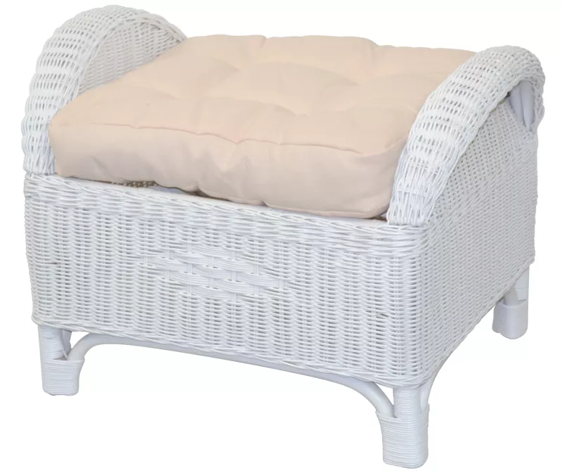 Rattanhocker, Fußhocker, handgeflochten, mit Kissenauflage, weiß