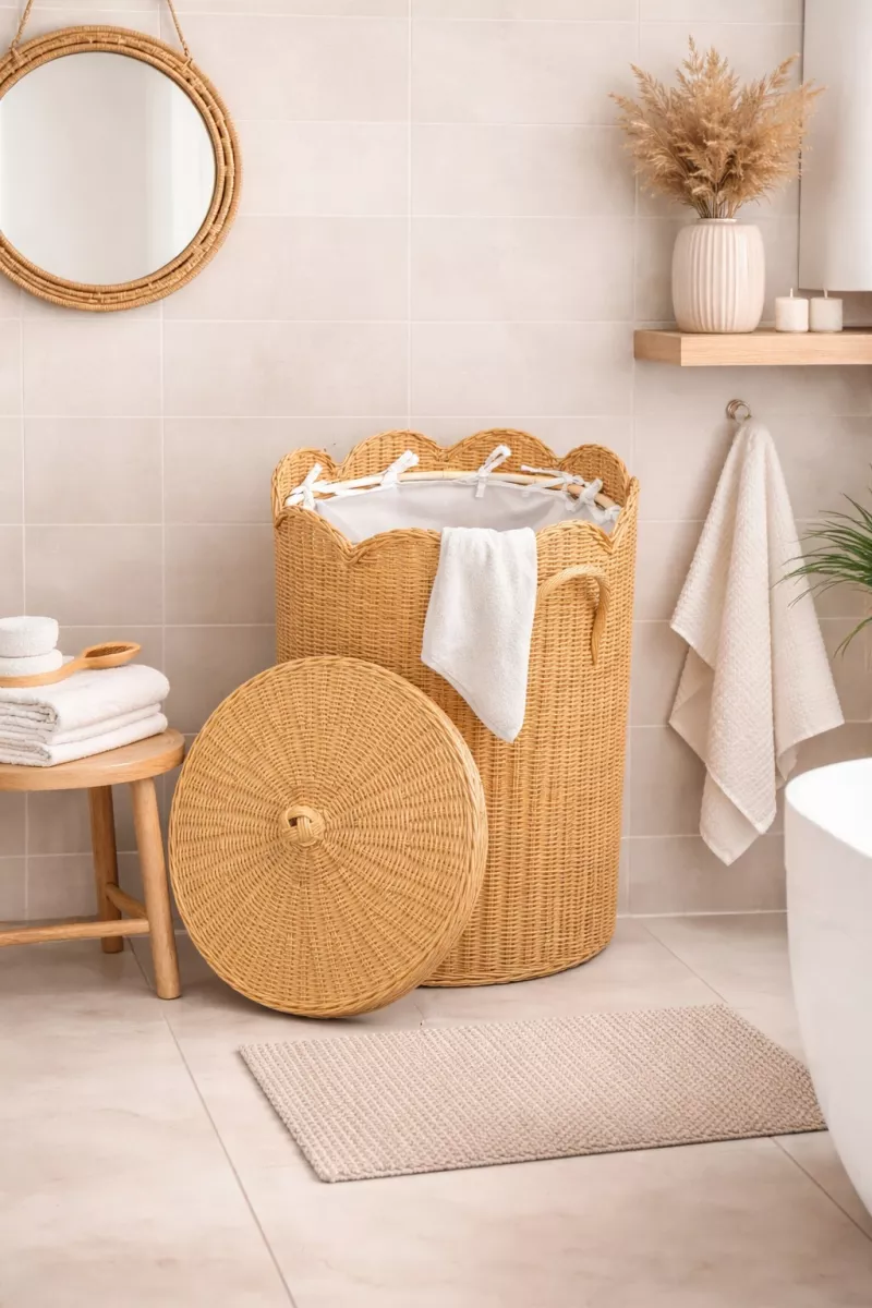 Handgeflochtener Rattan Wäschekorb mit Deckel & Stoffeinsatz – Natur Beige, 45 cm