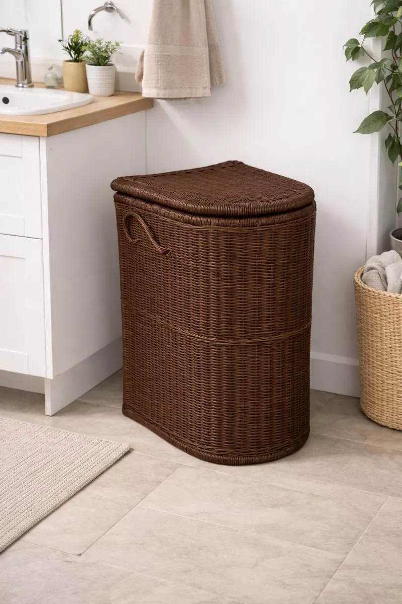 Wäschekorb aus Rattan in Braun – Handgeflochten mit Deckel & Stoffeinsatz, 63 cm