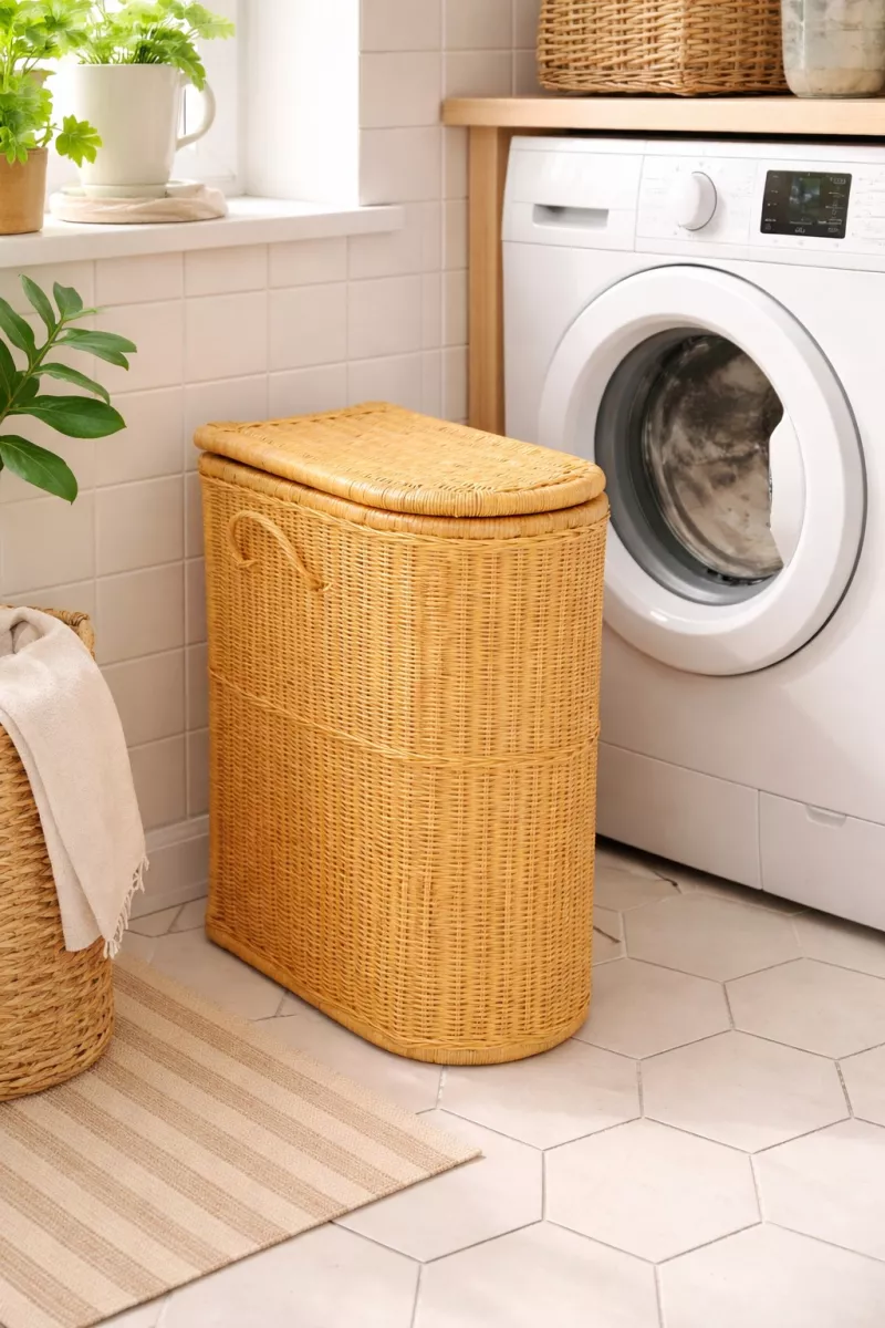 Wäschekorb Rattan handgeflochten mit Deckel, Stoffeinsatz & Griffen, beige