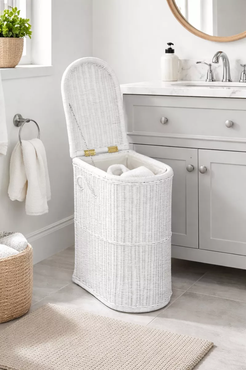 Wäschekorb Rattan Weiß mit Deckel, Stoffeinsatz & Griffen - Handgeflochten, 63 cm