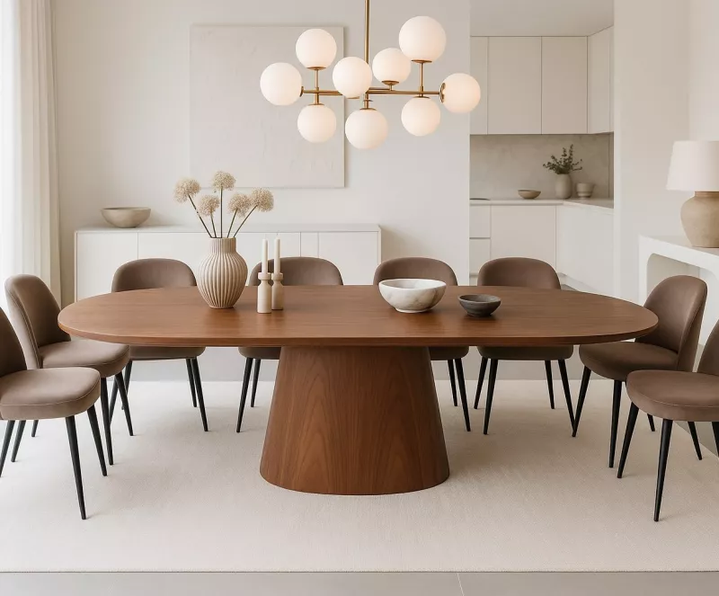 Moderner Esstisch oval ausziehbar 160–200 cm Nussbaumoptik | Säulentisch mit Butterfly-Einlage