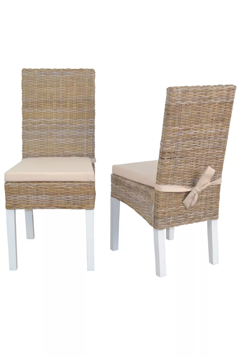 Esszimmerstuhl 2er Set, aus Kubu-Rattan handgeflochten, naturgrau-weiß, mit Kissen