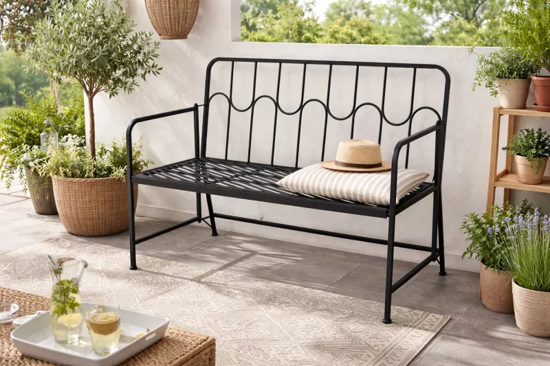 2-Sitzer Metallsitzbank Schwarz – pulverbeschichtet mit dekorativer Wellenlehne