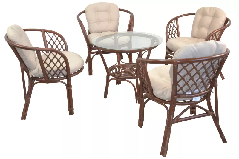 5tlg. Rattantischgruppe/Loungmöbelset, handgefertigt, braun, Kissen creme