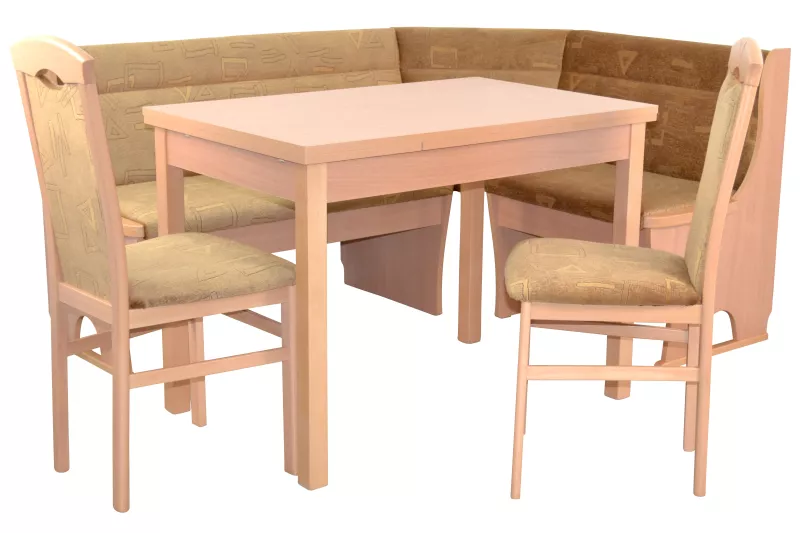 Essgruppe mit Eckbank 165x125 cm, Buche, Esstisch ausziehbar, 2 Stühle, Stauraum, Velours Beige
