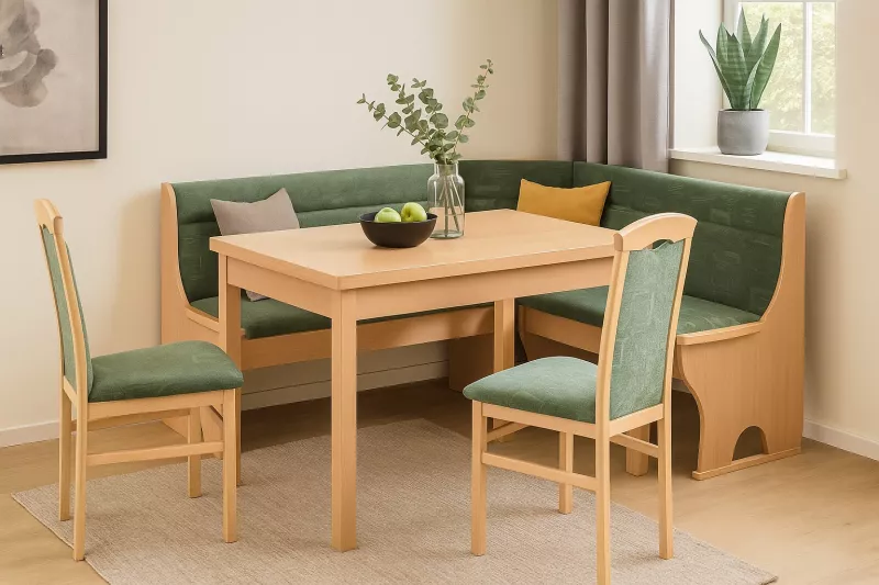 Essgruppe mit Eckbank 165x125 cm, Buche, Esstisch ausziehbar, 2 Stühle, Stauraum, Velours Grün