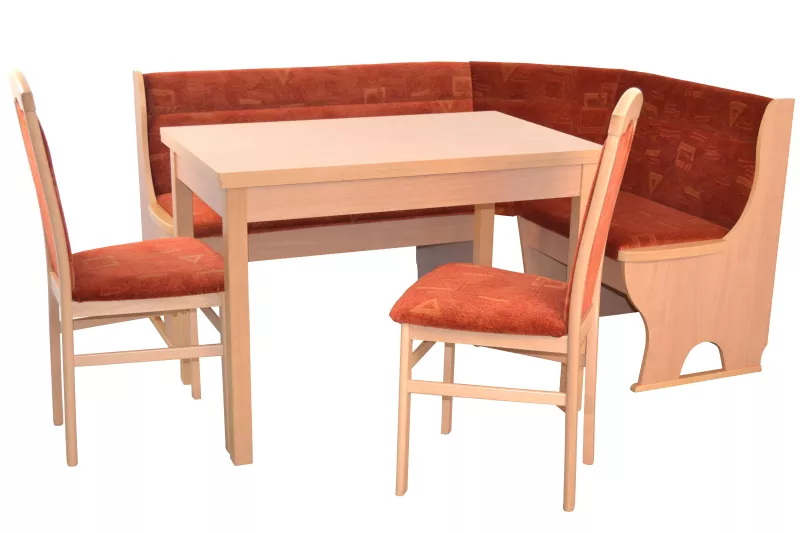 Essgruppe mit Eckbank 165x125 cm, Buche, Esstisch ausziehbar, 2 Stühle, Stauraum, Velours Rot