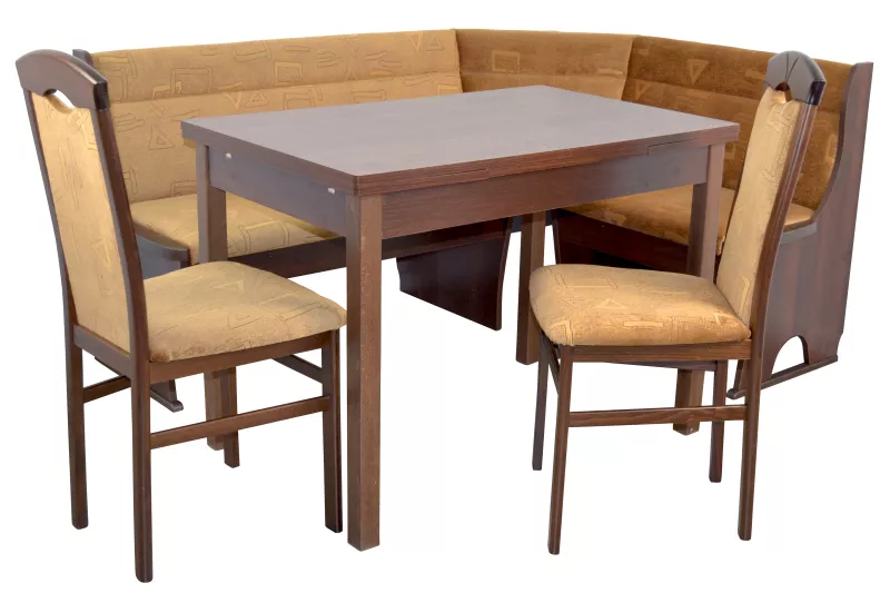 Eckbankgruppe mit Stauraum – 125x165 cm – Ausziehbarer Esstisch & 2 Stühle – Nussbaum-Optik – Velours in Beige
