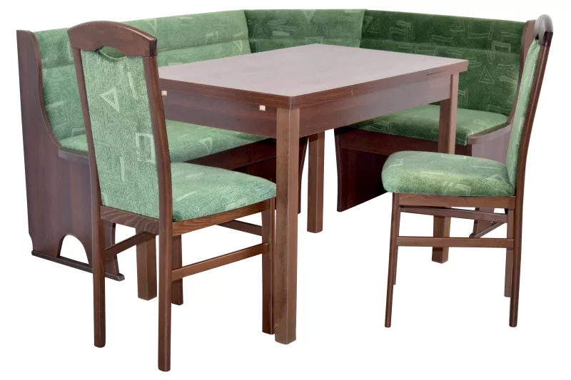 Eckbankgruppe mit Stauraum – 125x165 cm – Ausziehbarer Esstisch & 2 Stühle – Nussbaum-Optik – Velours in Grün