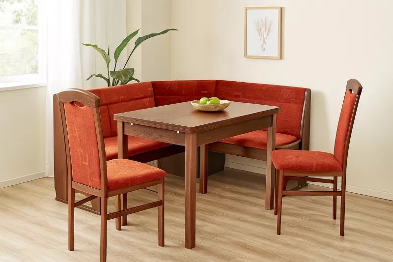 Eckbankgruppe mit Stauraum – 125x165 cm – Ausziehbarer Esstisch & 2 Stühle – Nussbaum-Optik – Velours in Rot