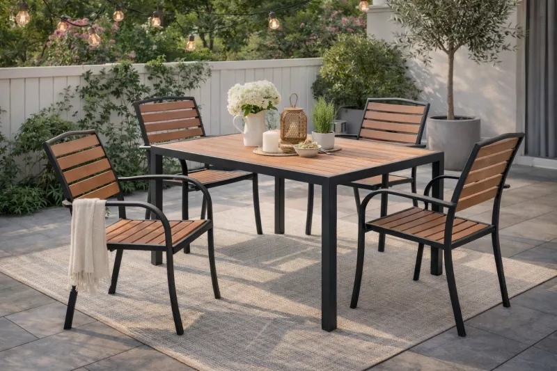 Moderne Gartenmöbel Sitzgruppe (5-tlg.) – Tisch 150x90 cm & 4 stapelbare Armlehnstühle, Metall & Holzoptik