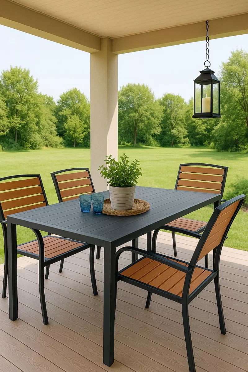 5-teilige Garten-Essgruppe mit Tisch & 4 Stühlen – Metall & Holzoptik