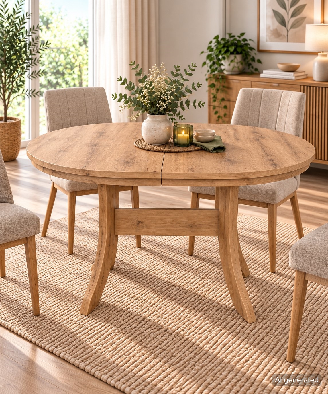 Esstisch oval ausziehbar 120–160 cm, Eiche-Optik, mit Einlegeplatte