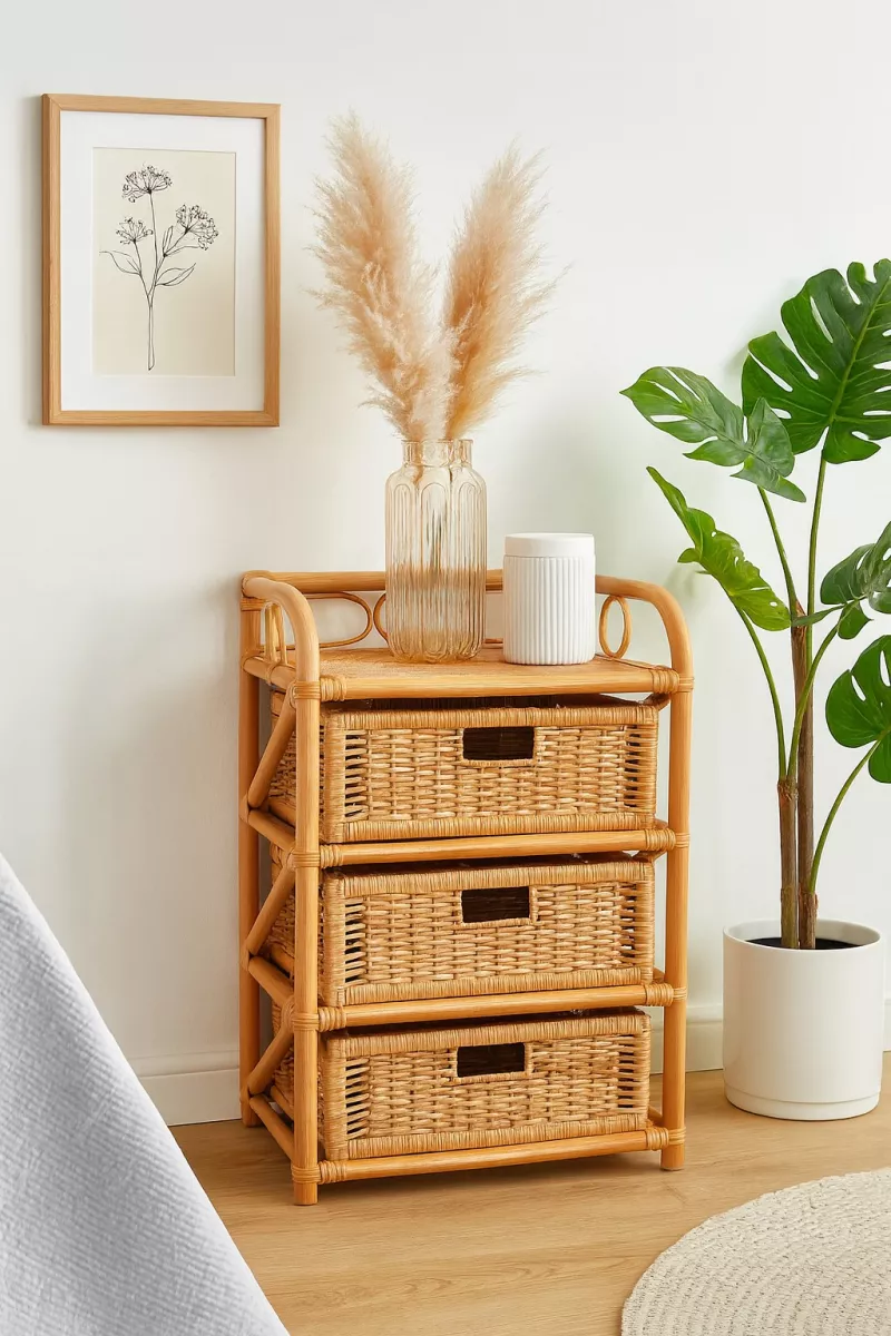 Rattanregal mit 3 Schubladen – Handgeflochtenes Naturmöbel, honigfarben im Boho-Stil