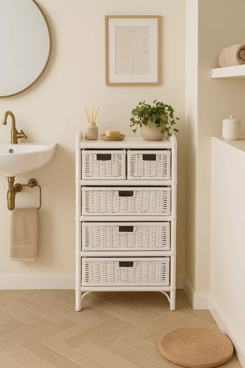 Rattanregal Weiß – Hochwertiges, Handgeflochtenes Regal mit 5 Schubkästen aus Rattan