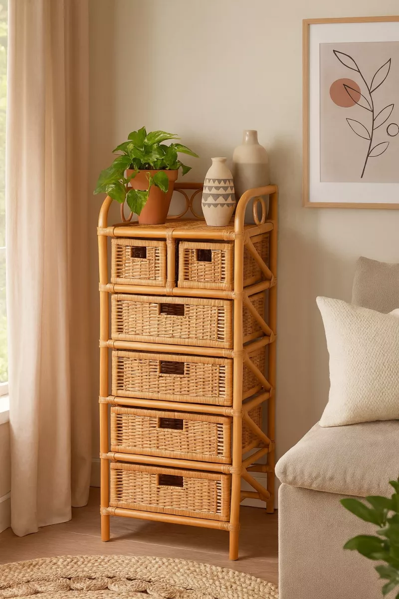 Rattanregal handgeflochten – Naturmöbel mit 6 Schubladen, Boho-Design in Honigfarben