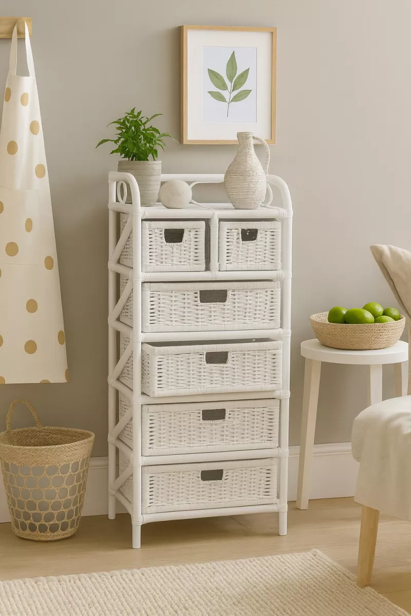 Rattanregal Weiß mit 6 Schubkästen – Handgeflochten, Boho Look, Naturmöbel