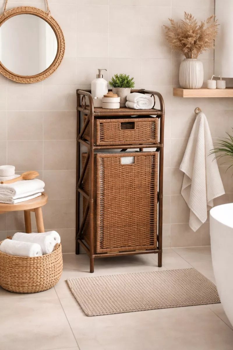 Elegantes Rattan Badregal mit Wäschekorb & Schublade – Handgeflochten, Braun, Platzsparend
